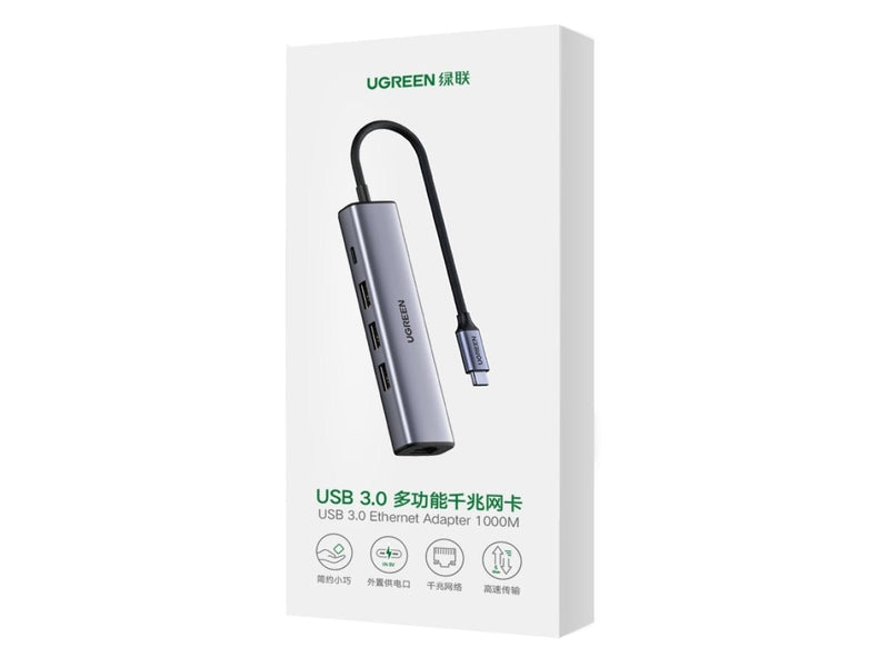 UGREEN Adapter UGREEN USB-C Gigabit Ethernet Adapter mit 3x USB Hub PD Charge Port 20932 6957303829323