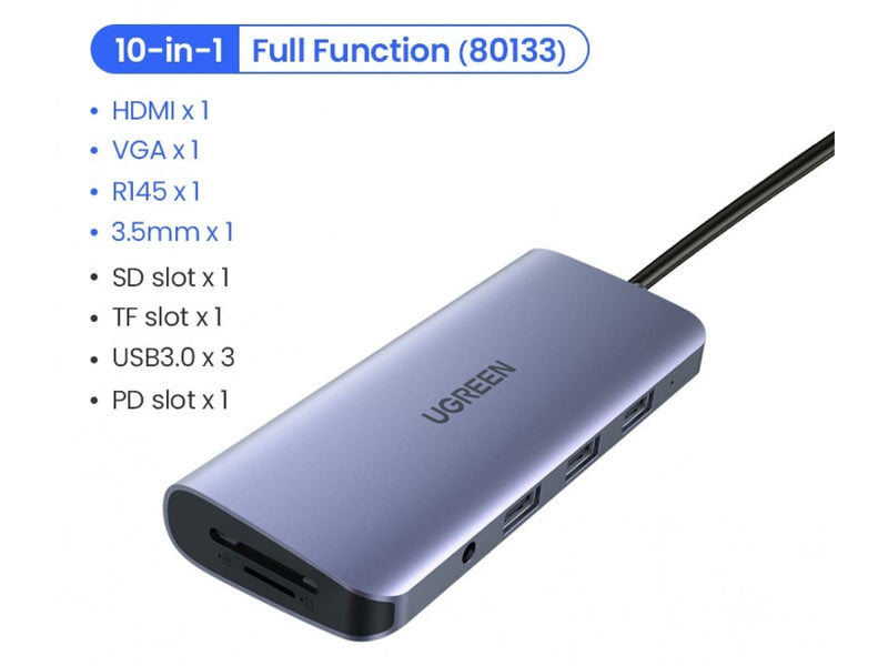 UGREEN 10-in-1 USB-C Hub HDMI VGA 3.5mm Audio Ethernet SD Karte 3x USB