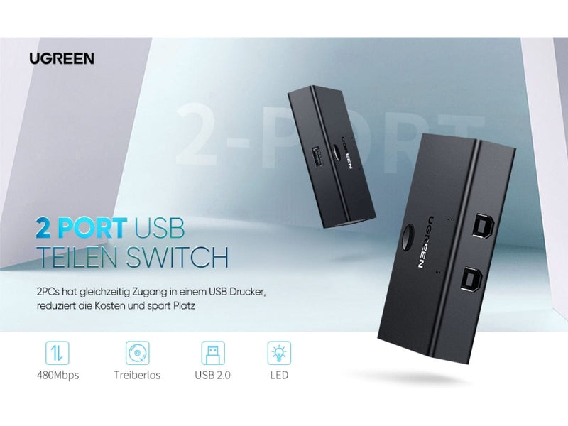 UGREEN Adapter UGREEN 2-Port USB 2.0 Switch KVM Umschalter für Drucker Tastatur Maus 30345 6957303833450
