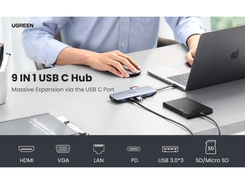 UGREEN 9-in-1 USB-C PD Hub 4K HDMI VGA Ethernet Micro SD Karte USB 3.0