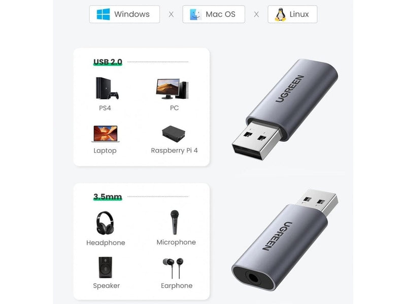 UGREEN USB 2.0 auf 3.5mm Audio Adapter USB Soundkarte Stick schwarz