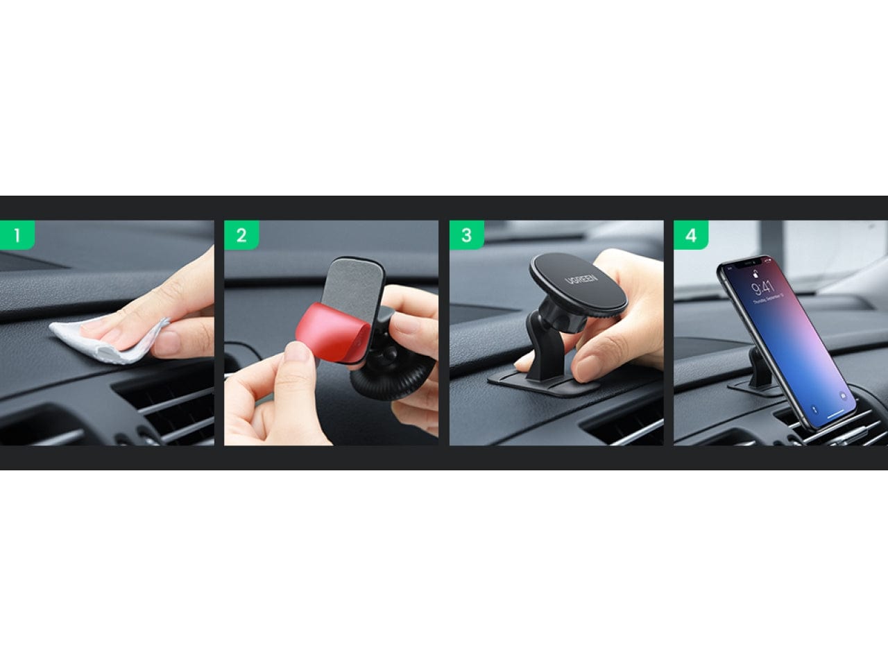 guide for how to put the Ugreen Magnetic Car Phone Holder in your car