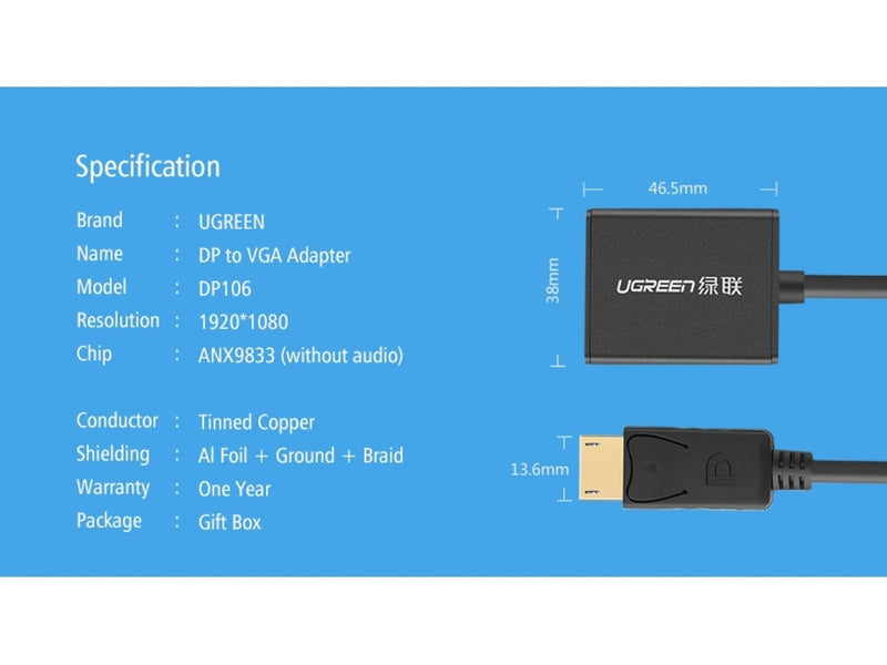 UGREEN Display Port auf VGA Adapter Konverter Kabel - schwarz