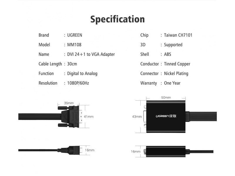 UGREEN DVI-D auf VGA Adapter Konverter Kabel schwarz