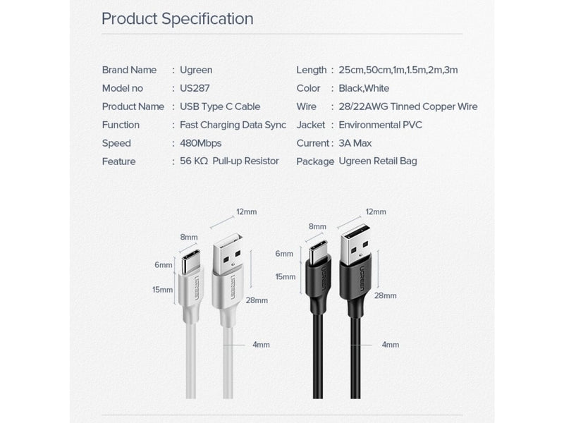 UGREEN Extra Kurzes USB-C Lade Kabel 3A QC3.0 - 25cm schwarz