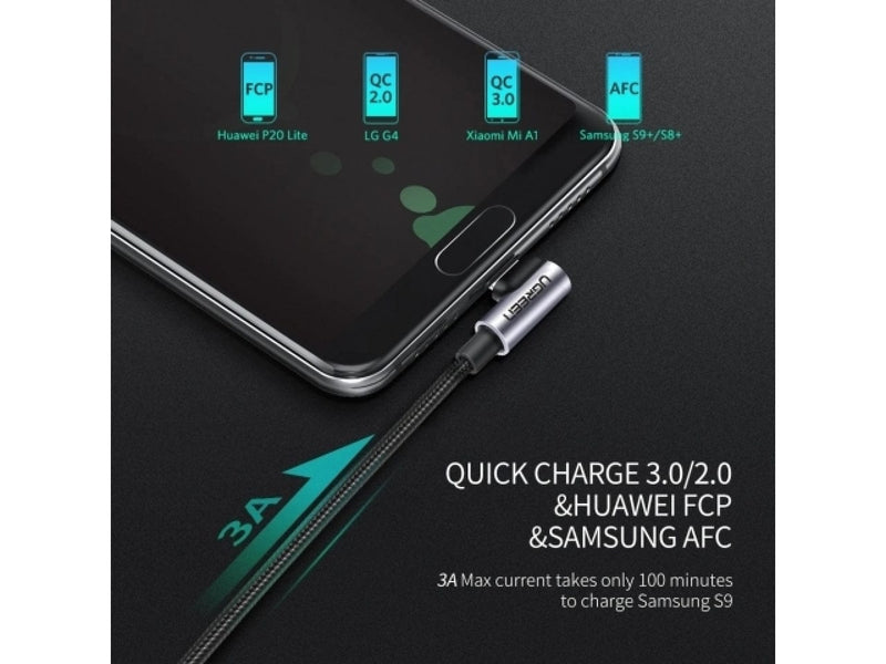 UGREEN USB-C Ladekabel Quick Charge 3.0 AFC 3A 18W Dual L-Design 1.5m