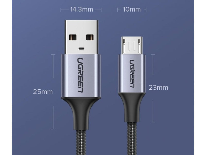UGREEN Stabiles MicroUSB Ladekabel USB Datenkabel Nylon Alu 2m schwarz